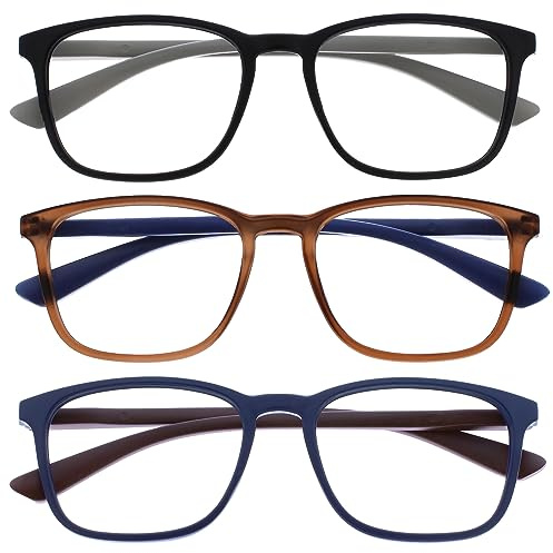 OPULIZE Max Lesebrille 3er Pack - Klassische große rechteckige Fassung - Brillen in mattem Schwarz, Braun und Blau - Herren Damen Unisex - RRR78-123 - +3,00