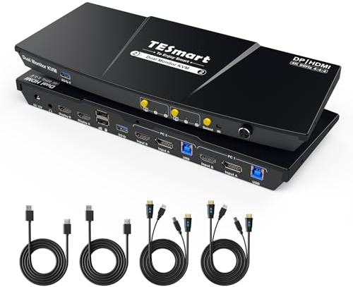 TESmart USB3.0 DisplayPort HDMI KVM Switch 2 Monitors, 2 PC 2 Monitor Switch 4K60Hz mit EDID, Audio&Mikrofon, USB für Scanner Drucker, Hotkey Button Umschalter Dual Monitor mit 4*Kabel