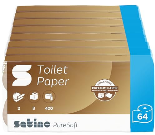 Satino PureSoft Toilettenpapier 2-lagig – extrem weich & äußerst umweltfreundlich dank 100% Recyclingpapier – Made in Germany – 100% recycelbar – Großpackung mit 48 Rollen – 400 Blatt je Klorolle