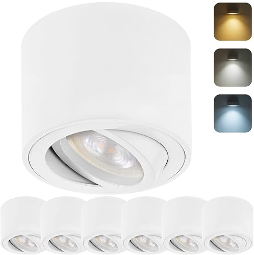 Sweet Led 6er Set Aufbaustrahler Rund Weiß Matt Flach Ø80x50mm Aufbauspots Schwenkbar Aluminium Deckenstrahler mit wechselbarem 5W CCT LED Modul 230V 3000K/4000K/6500K Warmweiß Neutralweiß Kaltweiß