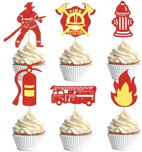 Blumomon 24 Stück Fireman Cupcake Toppers Set Feuerwehr LKW Cupcake Feuerwehrmann Thema Baby Dusche Boy Mädchen Geburtstagsfeier Dekorationen
