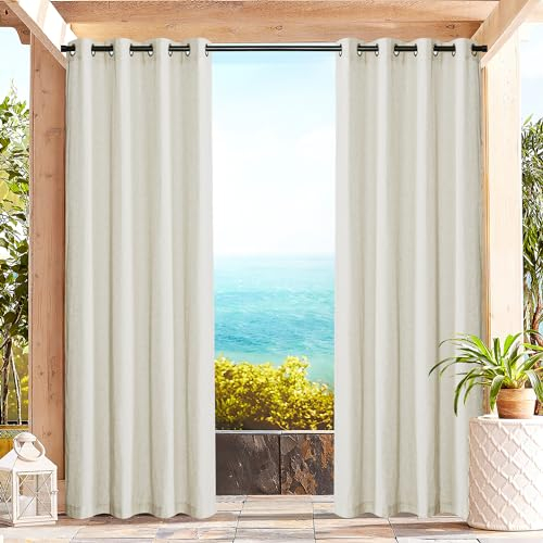 PONY DANCE Outdoor Vorhang mit Ösen 2er Set Terrasse Vorhänge Leinen Boho Outdoor Gardinen Beige Halbtransparent Outdoorvorhänge für Draußen & Pavillon, H 213 x B 140 cm