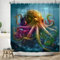 ASDCXZ Oktopus Duschvorhang 180x220 cm, Cartoon Bunt Oktopus Blau Ozean Schloss Waschbar Duschvorhänge Polyester Stoff Wasserdicht Anti Schimmel Duschvorhang für Badewanne mit 12 Haken