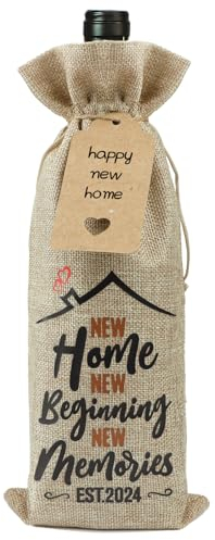 GEBETTER New Home Wine Gift Bag Cotton Linen Drawstring Bottle Bag for Wine with Tag and Rope Wine Bottle Cover Bags New Home Gifts for Men Women