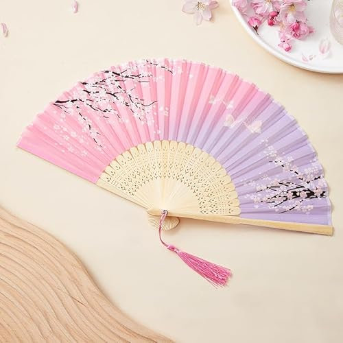 Cumilo Folding Hand Held Fan Silk Fabric Bamboo Folding Fan With a Tassel for Gift Weddings Party Wall Decoration,Chinese/Japanese Vintage Retro Style(Black-Grassflower)