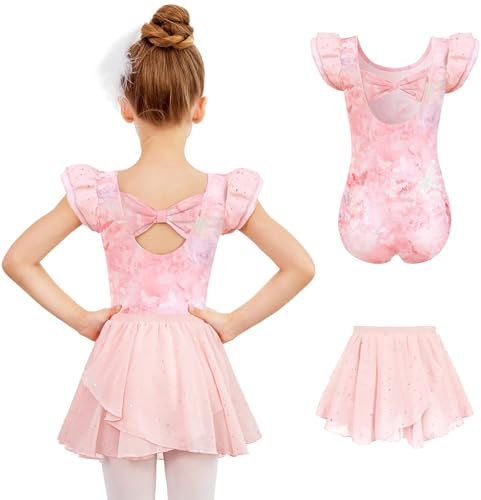 Arshiner Ballettkleidung Mädchen Zweiteilig Ballettkleid Rückenfreies Schleifen Ballettanzug Kinder Kurzarm Tanzkleid Ballett Trikot mit Rock Tütü 5-6 Jahre