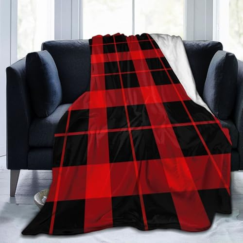 Mexpekil Karierte Decke, weich, gemütlich, flauschige Flanell-Fleecedecke für Sofa, Bett, Camping, Reisen, 150 x 125 cm, Rot / Schwarz