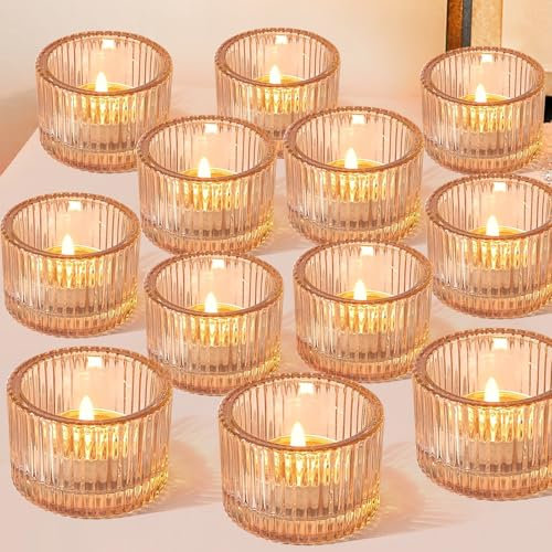 HOVIBU Juego de 12 Mini Portavelas de Cristal para Velas de té, Porta Velas Transparente 5cm x 3.8cm, Portavelas de Velas Pequeñas para Decoración de Mesa Navideñas Bodas Fiestas Hogar Aniversarios