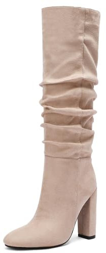 Asterisco Stivali Alti Al Ginocchio da Donna con Tacco Largo Tacco Alto Stivali Appuntito Senza Chiusura Stivali Morbidi, O18340Lp Beige Numero 38 EU/39Cn