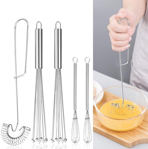 Prebarfun 5 Pièce Fouet de Cuisine Inox, Fouet Cuisine Fouet à Spirale, Mini Fouets Cuisine, Argent Batteur Main à Boule en Inox Avec 8 Fils pour Mélanger et Fouetter