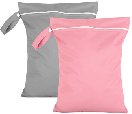 Moorle 2 Stück Nassbeutel 40 x 30 cm, Wasserdichter Wäschesack Grau & Rosa, Wiederverwendbarer Reise Nasssack mit Reißverschluss, Klein Nasstasche Schwimmen für Badeanzüge, Strandtücher, Windeln