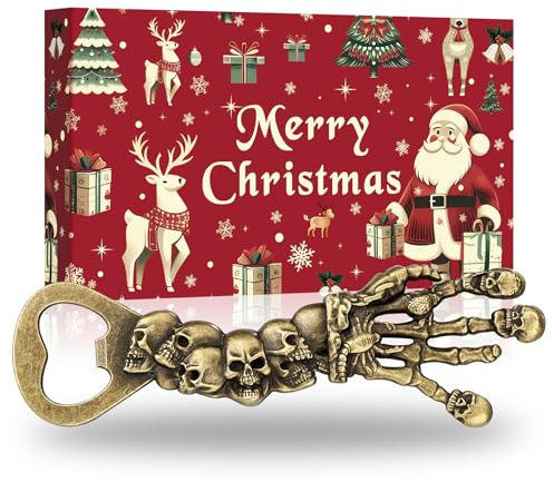 LKKCHER Idées cadeaux de Noël, décapsuleur, tête de mort, cadeau de Noël pour homme, cadeau d'Halloween, cadeau de tête de mort, bronze avec emballage de Noël et carte de Noël