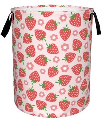 Pink Strawberry Large Storage Basket,Vintage Groovy Flower Laundry Hamper/Bathroom/Home Decor/Collapsible Round Storage Bin,Boys Girls Dirty Clothes Hamper/Boxes/Toys Storage 16x20 Inch