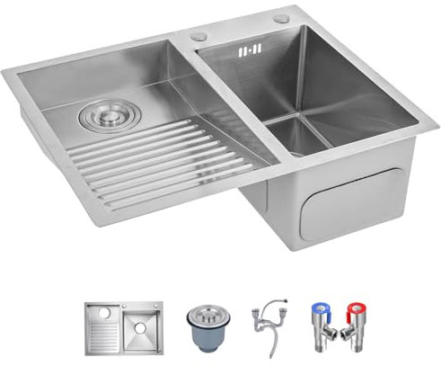 ATHOMASM Fregadero De Acero Inoxidable Con Tabla De Lavar, 60cm Lavabo Para Uso General Hecho A Mano, Lavabo Profundo con Kits De Drenaje Y Tabla De Lavar, Para Lavadero, Taller Y Garaje