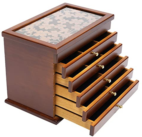 Schmuckkoffer, 6-Lagen Schmuckkästen, Holz Schmuckkästchen mit Schublade, Große Kapazität Aufbewahrungsbox Organizer für alle Arten von Schmuck, 31x20x24,5 cm, Braun