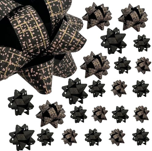 24er Geschenkschleifen Papier Schwarz Gold Set(8xØ8.5cm,16xØ6,35 cm),Selbstklebend Geschenk-Schleifen Geschenkedekoration Geschenkrosetten für Geschenkverpackung Weihnachten Geburtstag