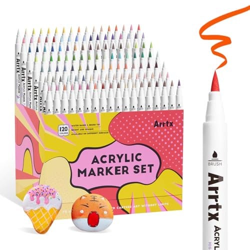 Arrtx Rotuladores de pintura acrílica de 120 colores, marcadores de pintura para artistas y adultos, dibujos animados, cómic, punta de pincel para pintura de roca, madera, lienzo, manualidades
