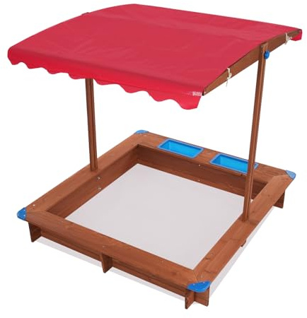 Sandkasten, 126x121x118cm Sandkiste mit Dach und Bodenmatte, Holz Sandkasten, Tragfähigkeit 100kg, Frei Verstellbares Verdeck, für Hinterhöfe, Gärten (Rot)