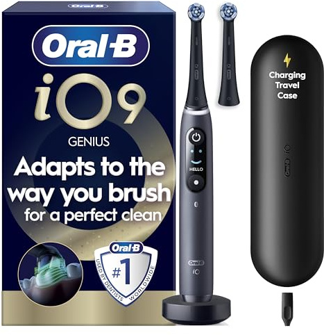 Oral-B iO9 Electric Toothbrush for Adults, 1 Handle, Black - 2 Brush Heads, Fast Charging Travel Case, Designed by Braun, Special Edition, UK Two Pin Plug