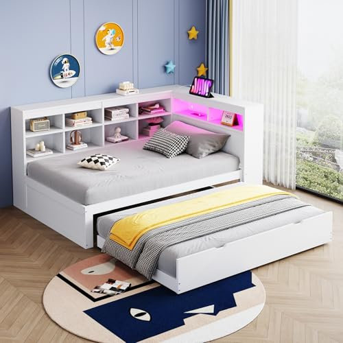 Tagesbett Schlafsofa 90x200 cm, Holz Multifunktionsbett mit Ausziehbarem Bett, USB-Steckdose, LED-Licht, Mehreren Ablagefächern&Regalen, Einzelbett Massivholzbett mit Lattenrost, Ohne Matratze, Weiß