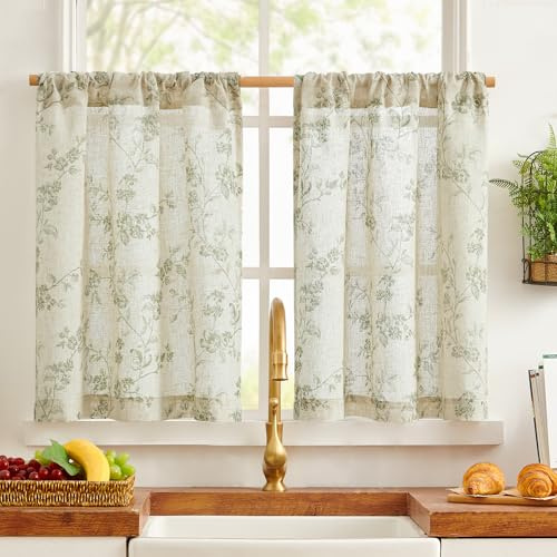 TOPICK Green Floral Kitchen Curtain 2 PCS, Linen Look Cafe Curtains W26xL24