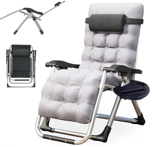 LSBIKE Zero Gravity Reclining Sun Lounger Chair with 10cm Thick Removable Cushion & Cup Holder – Foldable Recliner Garden Chair for Camping, Patio, Beach – 200kg Capacity, No Assembly Needed (Grey)