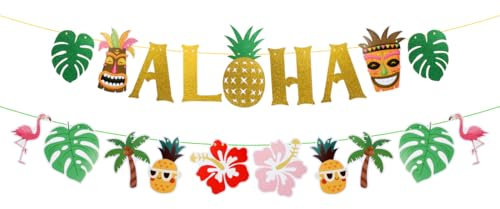 HUKUMA Décoration hawaïenne, bannière de fête hawaïenne, décoration de plage, ananas, palmier gonflable des Caraïbes, guirlande hawaïenne pour fête d'été, fête au bord de la piscine, drapeau Aloha à