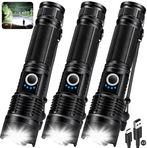 KINGCAESAR 3 Pack Flashlights 90,000 High Lumens - Super Bright Rechargeable Flashlight with 5 Light Modes, IPX7 Waterproof Powerful LED Flash Light for Home, Camping