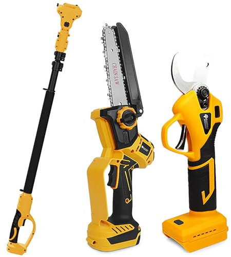 Electric Pruner Kit, 6 inches Cordless Chainsaw & Electric Pruning Shears 2 Pcs Batteries with Max 8 ft Extension Pole, SK5 Blades