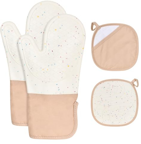 Set of 4 Oven Mitts and Pot Holders,2 PCS Silicone Extra Long Oven Gloves and 2 PCS Hot Pads,Heat Resistant Baking Gloves,Non-slip Cooking Gloves for Baking, Cooking, BBQ