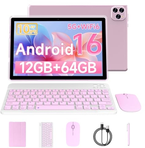 Tablet Android 16 10 pollici 12GB RAM+64GB ROM/1TB Tablet espandibile, 1280 * 800 HD Touch Screen, 5G WiFi6 BT 5.0, tablet 2 in 1 con custodia tastiera mouse stilo (rosa)