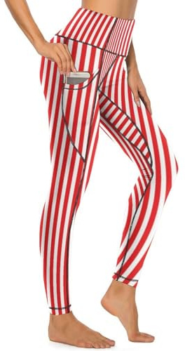 Novastar Yogahose mit Taschen für Damen, Fitnessstudio, rot und weiß gestreift, Workout-Leggings für Damen, Bauchkontrolle