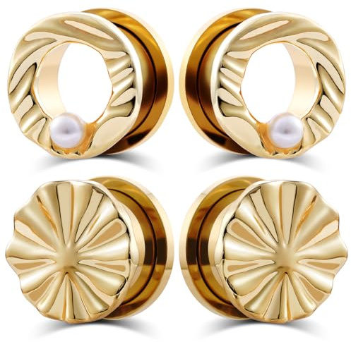 TBOSEN 2-Paar Edelstahl Wellen-Oberfläche und Perlen Ohr Tunnel Plugs Gold und Silber Farbe Schraubfit Expander für gedehnte Ohr Piercings