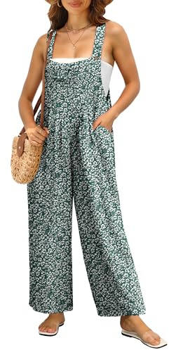 IWOLLENCE Salopette da donna con casual, retrò, oversize, larghe, taglia baggy, tuta estiva, Verde Fiore Bianco, S