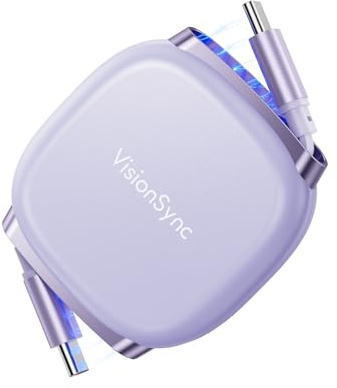 VisionSync 240W Câble USB C Rétractable pour Phone,1m,violet | Câble de Charge Rapide USB C vers C PD3.1 avec Fente Magnétique pour le transport,4 Longueurs prédéfinies
