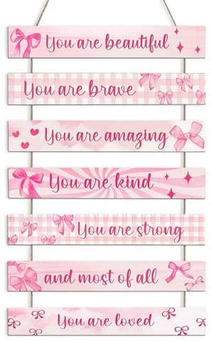 NymphFable 8 Piezas Decoración de Pared con Lazo Rosa, Cartel de Madera Colgante con Frase Motivacional para Habitación de Niñas, Guardería o Dormitorio