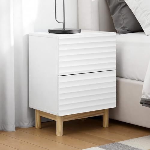 Hometopia Nachttisch Holz Weiß mit 2 Schubladen, Geriffelte Front | Massivholzbeine,40 × 30 × 55 cm, Moderner Nachtschrank aus Holz mit Kiefernholzfüßen, Schlafzimmer, neben dem Bett