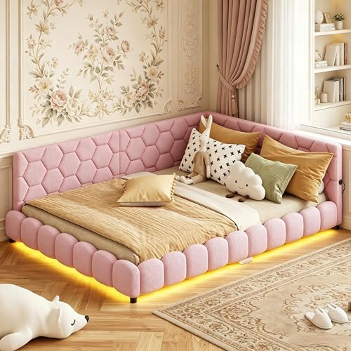 Divano letto imbottito 140 x 200 cm con LED e USB, divano letto 2 posti 140 x 200 con rete a doghe, telaio per letti con testiera imbottita per adulti e adolescenti (rosa-3, 140 x 200)