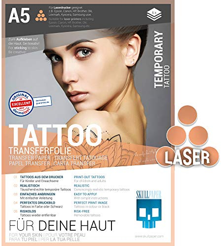 SKULLPAPER® temporäre Tattoo-Transferfolie FÜR DIE HAUT - SEHR GUT getestet - für Laserdrucker (A5-6 Blatt)