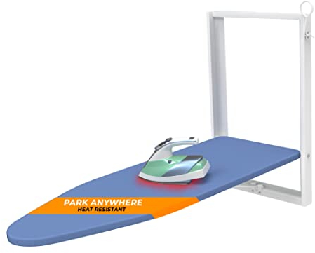 Xabitat Wall Mounted Ironing Board - Compact Mount Fold Down Ironing Board for Small Spaces - Space Saving with Cotton Fabric Cover - White and Blue