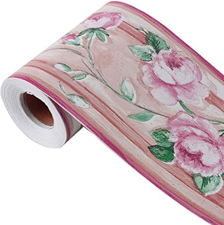 sourcing map Wall Paper Border Self Stick Wall Covering PVC Floor Border for Kitchen Bathroom Bedroom Wall Decor Paper, Rose Pattern Fuchsia+Green, 4.33 Inch by 32.8 Feet