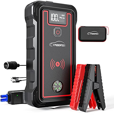 YABER Car Jump Starter, 2500A Peak 23800mAh Car Battery Jump Starter(All Gas or 8.0L Diesel) Portable Wireless Charger with LED Flashlight, EC5 Cigarette Lighter, Safety Hammer, LCD Screen