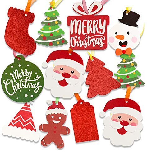 VEYLIN Christmas Kraft Gift Tags, 100 Colorful Christmas Kraft Paper Tag Glitter Present Wrap Hanging Labels with String
