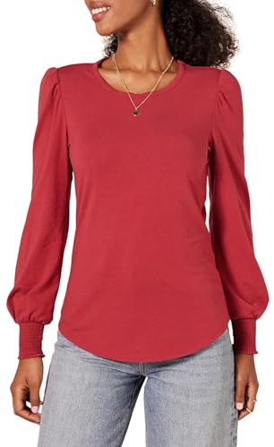 Amazon Essentials Women's Long-Sleeve Crewneck Smocked Cuff T-Shirt, Dark Red, L