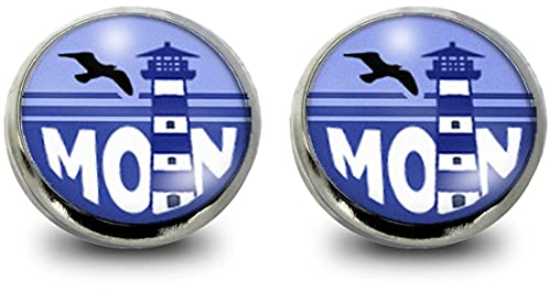 Fördeblau 2er Set maritime Edelstahl Ohrringe zum Stecken | Moin Schrift mit Leuchtturm als Motiv | 12mm Modeschmuck