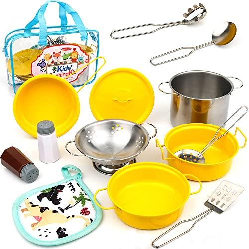 Edelstahl Pretend Kochgeschirr Kochgeschirr Set, Mini Spielküche, Spieltöpfe und Pfannen Spielzeug verpackt in Einer goldenen Stofftasche für Kinder Kleinkinder, gelb