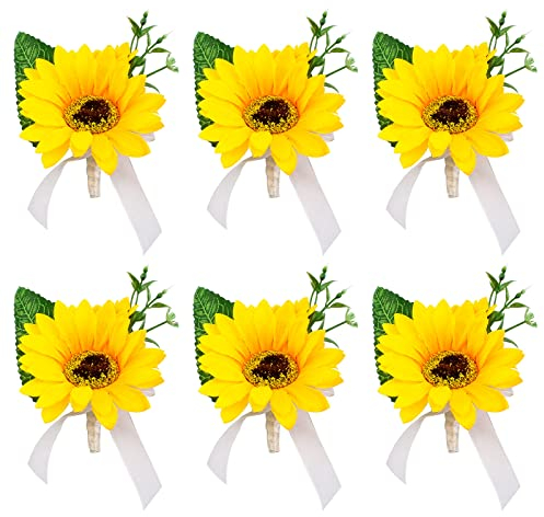 URROMA Boutonniere für Abschlussball, 6 Stück, künstliche gelbe Sonnenblume, Ansteckblume für Herren, Hochzeit, Blumen, Jahrestag, Heimkehr, Abschlussball, Party, Dekoration, Zubehör
