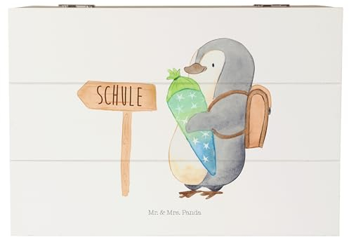 Mr. & Mrs. Panda 22 x 15 cm Holzkiste Pinguin Schultüte - Geschenk, Geschenk zur Einschulung, Einschulung, Schulranzen, Erinnerungskiste,