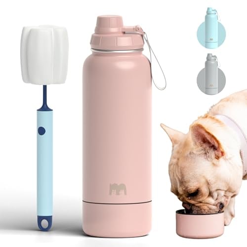 Miracle Pets Gourde Chien Promenade, Bouteille d'eau de Voyage Chiens, 1L Isotherme avec Gamelle Chien Portable - Parfait pour La Plage, Randonnée, Camping (Misty Rose) Brosse de Nettoyage