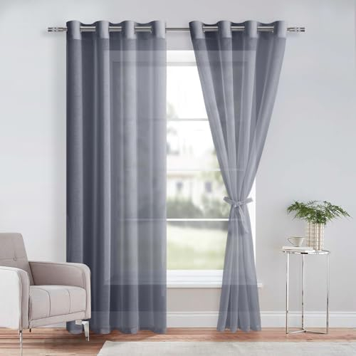 DWCN Sheer Voile Vorhang mit Ösen Gardinen Kurz Durchlässige Vorhänge Weiss Vorhang Transparent, Dunkelgrau, 240x132cm(HxB)
